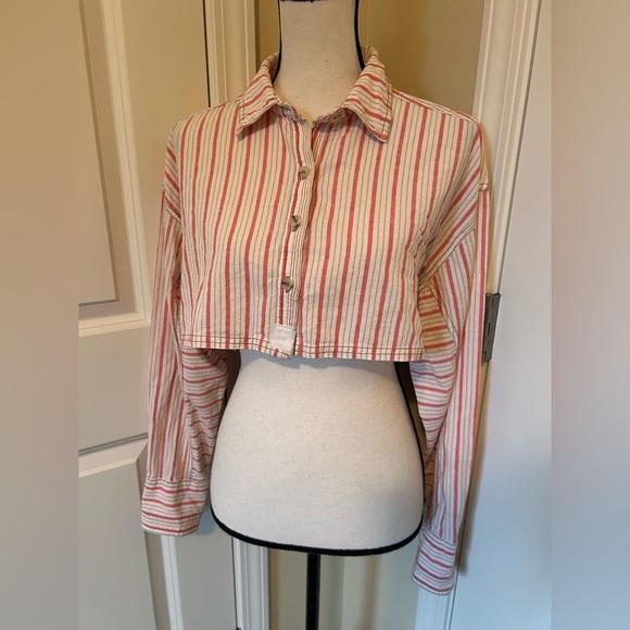 We The Free Orange and Cream cropped Striped button down Shirt - Picture 3 of 6
